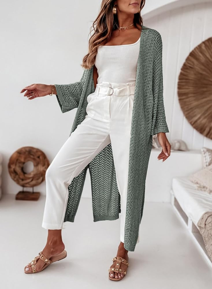 SHEWIN Women's Casual Long Sleeve Open Front Cardigan Lightweight Knit Loose Split Crochet Floor ... | Amazon (US)