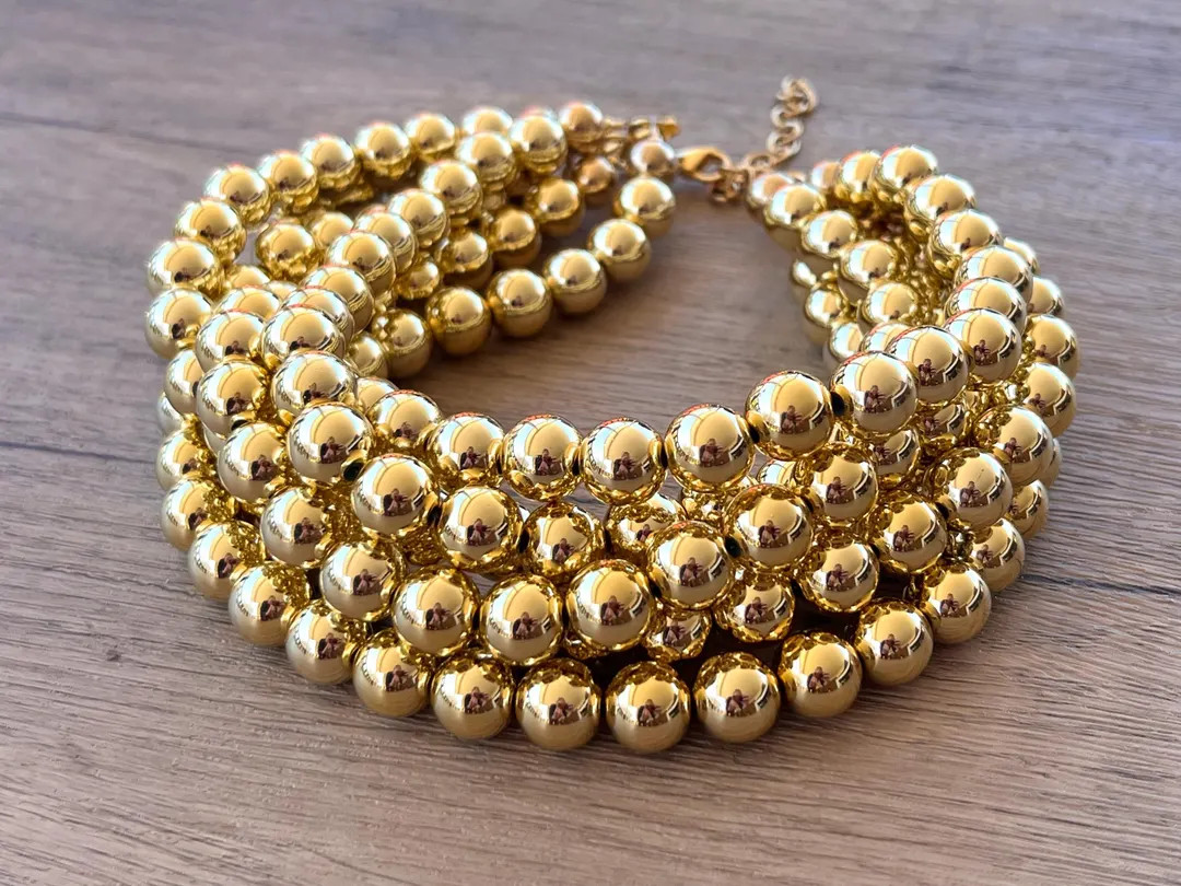 Shiny Big Beaded Gold Multi Strand Choker Necklace, Chunky Short Necklace - Alana | Etsy (US)