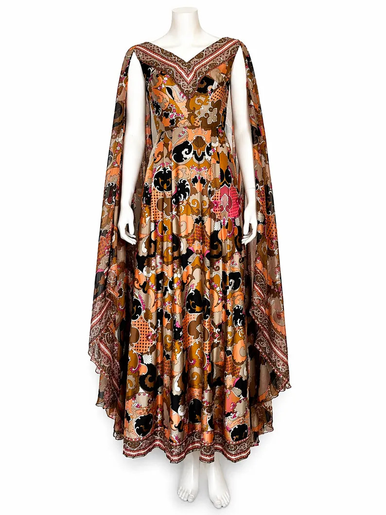 Abstract Print Dress with Long Sheer Angel Sleeves Robert W Gates Burlingame 1970s Vintage | Etsy (Global)