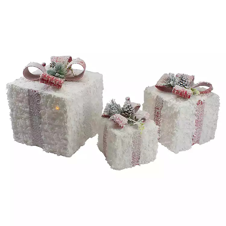 Pre-Lit Frosted White Rattan Gift Boxes, Set of 3 | Kirkland's Home