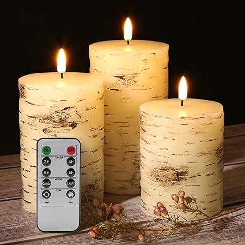 Eywamage Birch Bark Flameless Pillar Candles with Remote, Flickering Rustic Battery LED Wood Candles Set of 3 | Amazon (US)
