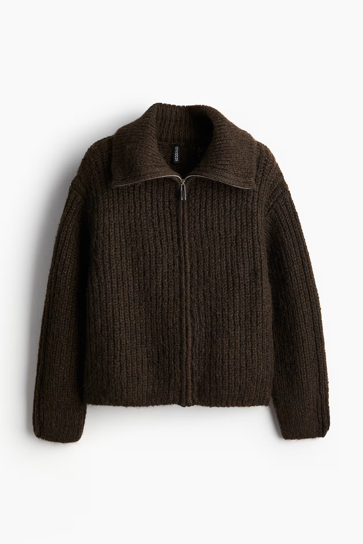 Rib-Knit Cardigan with Zipper - Long sleeve - Regular length - Dark brown - Ladies | H&M US | H&M (US + CA)