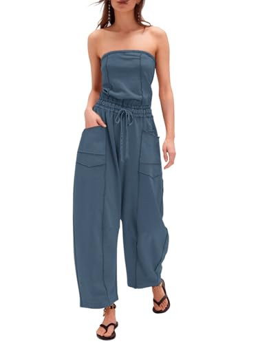 Sexyasasii Tube Top Jumpsuit for Women Strapless Summer Casual Off the Shoulder Long Barrel Pants One Piece Pull on Jumpsuits with Pockets | Amazon (US)