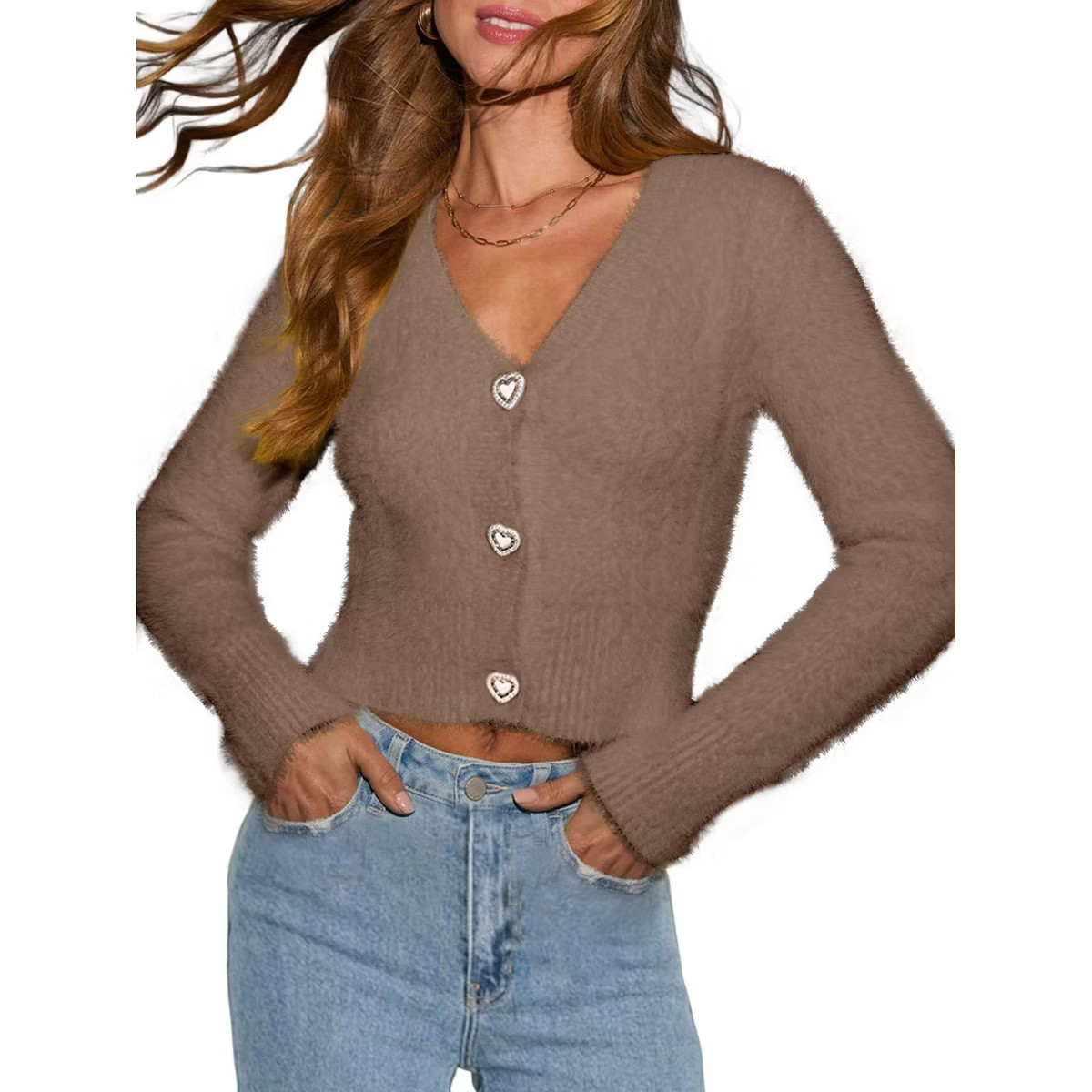 Women's Heart - Shaped Button Knit Cardigan, V - Neck Long - Sleeve Cropped Sweater | Target