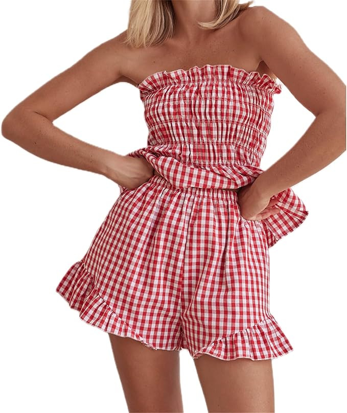 Miqil Women Ruffle Shorts Set Y2K Sleeveless Elastic Ruched Hem Tube Top Shorts 2 Piece Cute Summ... | Amazon (US)