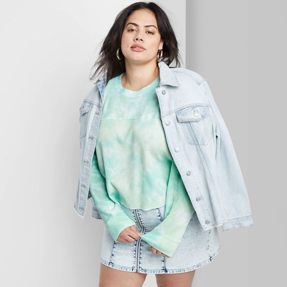 Women's Plus Size Long Sleeve Round Neck Tie-Dye Thermal Boxy T-Shirt - Wild Fable™ Green/Blue | Target
