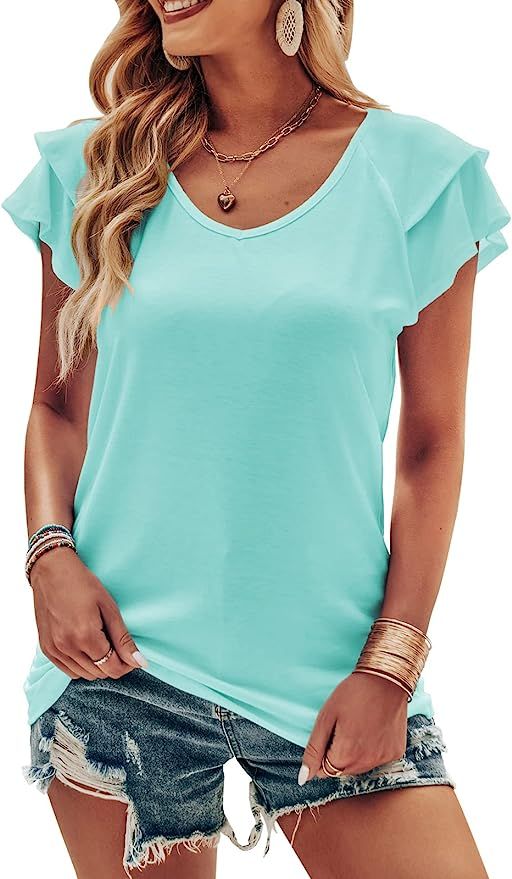 ANRABESS Womens Summer Tops Ruffle Short Sleeve V Neck T-Shirts Casual Loose Fit Tops | Amazon (US)