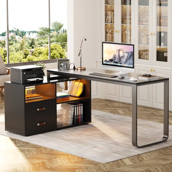 Veleta 62" L Shaped Computer Desk with File Drawer, LED Lights | Wayfair North America