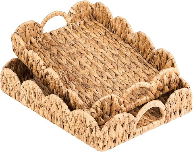 Large Rectangle Serving Tray, 2-Pack Rattan Scalloped Tray with Handles, Wicker Trays for Decor, ... | Amazon (US)