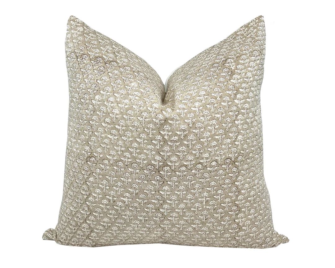 IVY Designer Beige Floral Linen Pillow Cover, Block Print Pillow, Farmhouse Pillow, Floral Pillow... | Etsy (US)