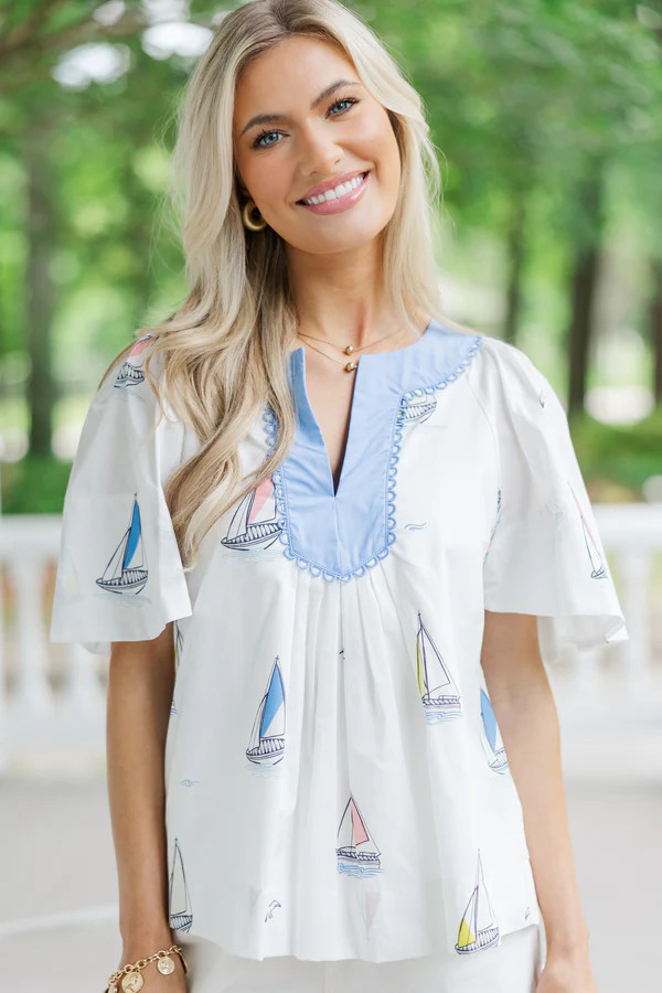 Just A Theory White Sailboat Cotton Blouse | The Mint Julep Boutique