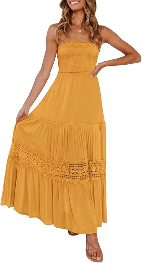 ZESICA Women's Summer Bohemian Strapless Off Shoulder Lace Trim Backless Flowy A Line Beach Long ... | Amazon (US)