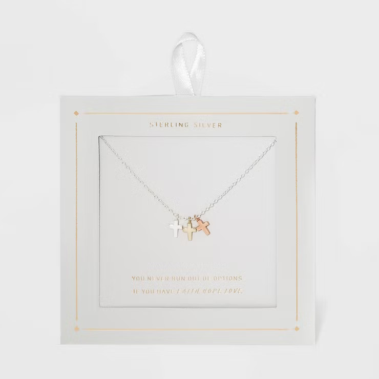 Sterling Silver Triple Cross Tri Tone Pendant Necklace - Silver | Target