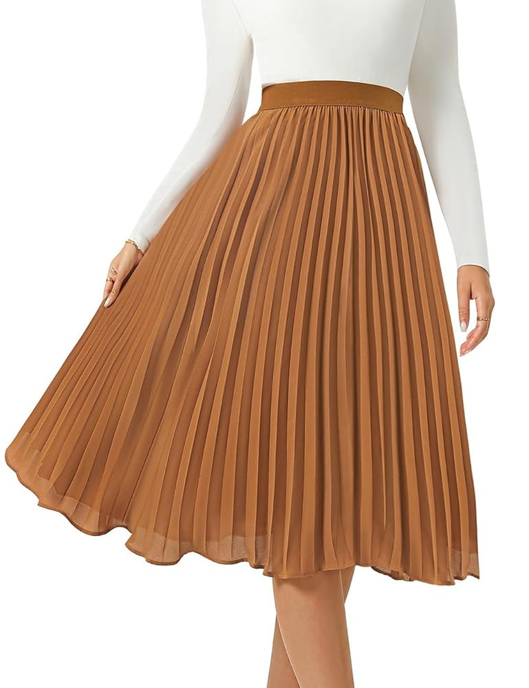 Women's Midi Skirt Elastic High Waist Pleated Skirt Knee Length Swing A-Line Casual Flowy Skirts ... | Amazon (US)