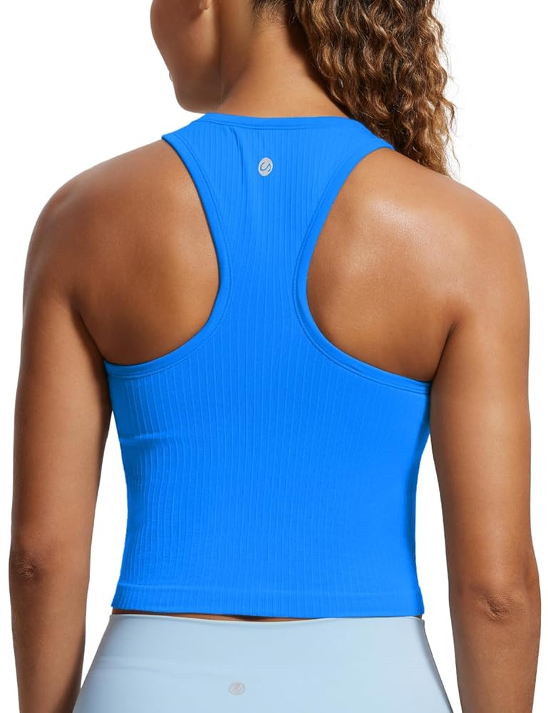 CRZ YOGA Womens Seamless Ribbed Longline High Neck Sports Bra - Racerback Padded Slim Fit Crop Ta... | Amazon (US)