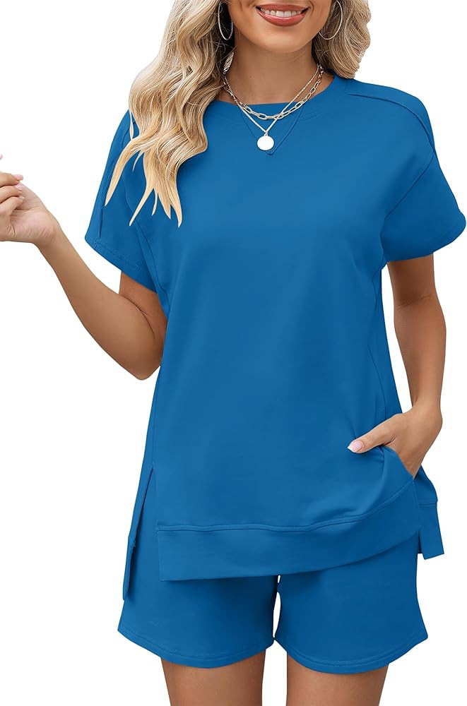 LOMON Womens Fashion 2 Piece Outfits Sweatsuits 2025 Summer Short Sleeve Loungewear Tracksuit Rou... | Amazon (US)