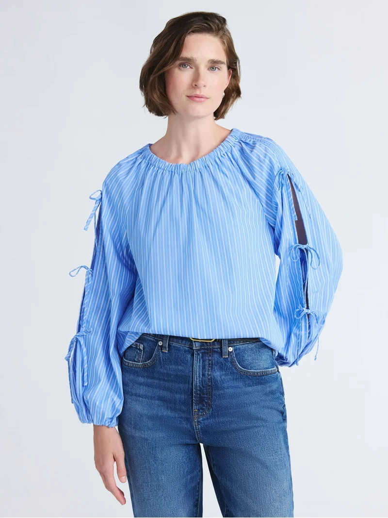 Free Assembly Women's and Women's Plus Gathered Neck Cotton Top with Long Tie Sleeves, Sizes XS-4... | Walmart (US)