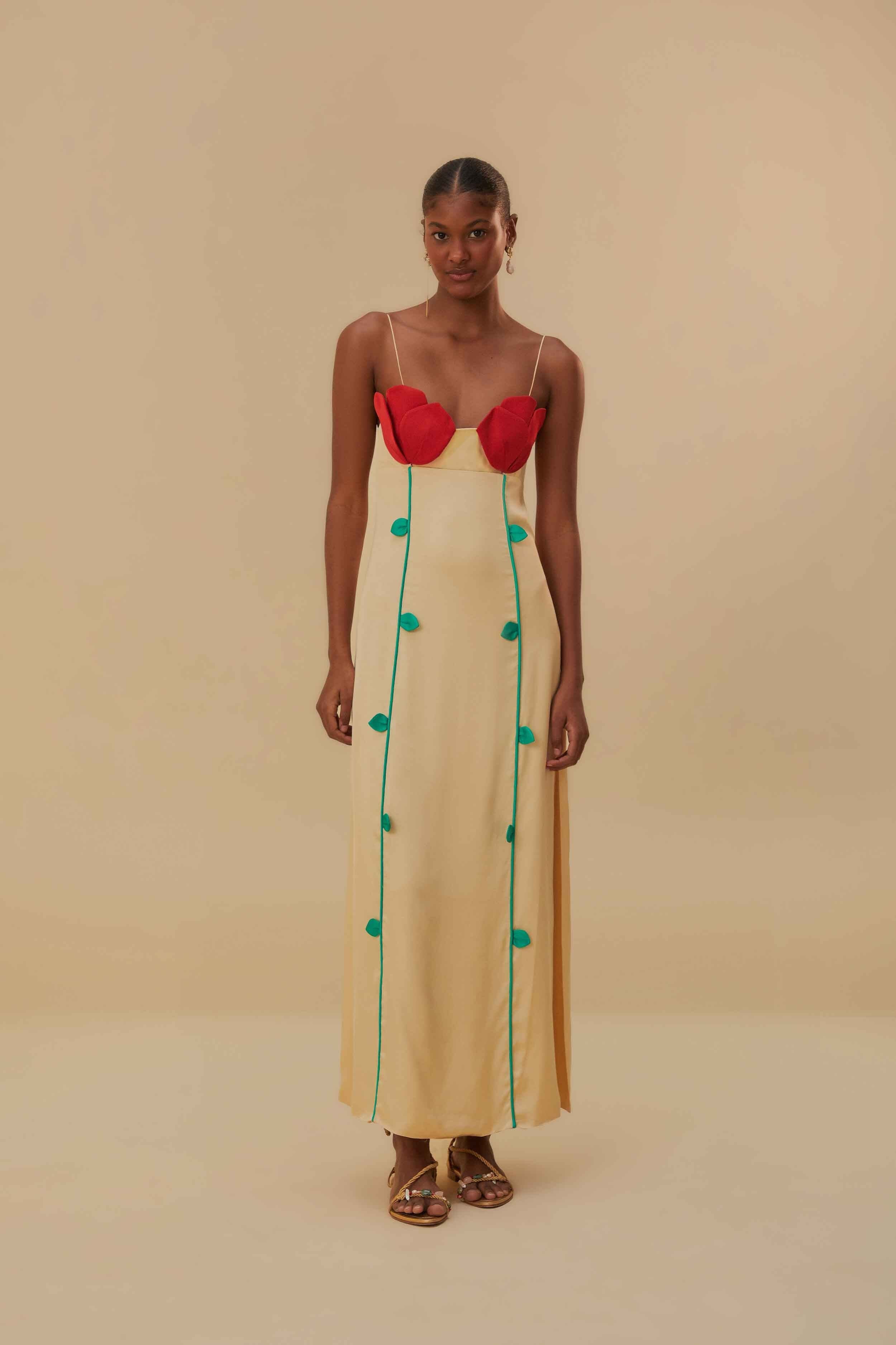 Beige Rose Shaped Bodice Sleeveless Maxi Dress | FarmRio