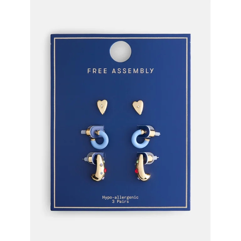 Free Assembly Women's Goldtone Heart and Hoop Earrings Set, 3-Pair | Walmart (US)
