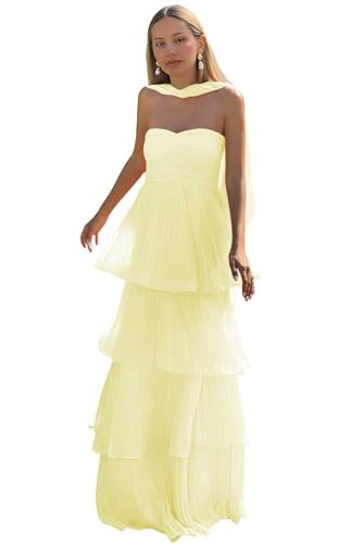 Tiered Ruffle Bridesmaid Dresses for Women Strapless Chiffon Formal Evening Gown with Long Scarf Canary-4 | Amazon (US)