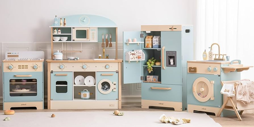 ROBUD Wooden Play Kitchen Set, Kids Toy Kitchen Set with Realistic Design, Utensils, Ice Maker, F... | Amazon (US)