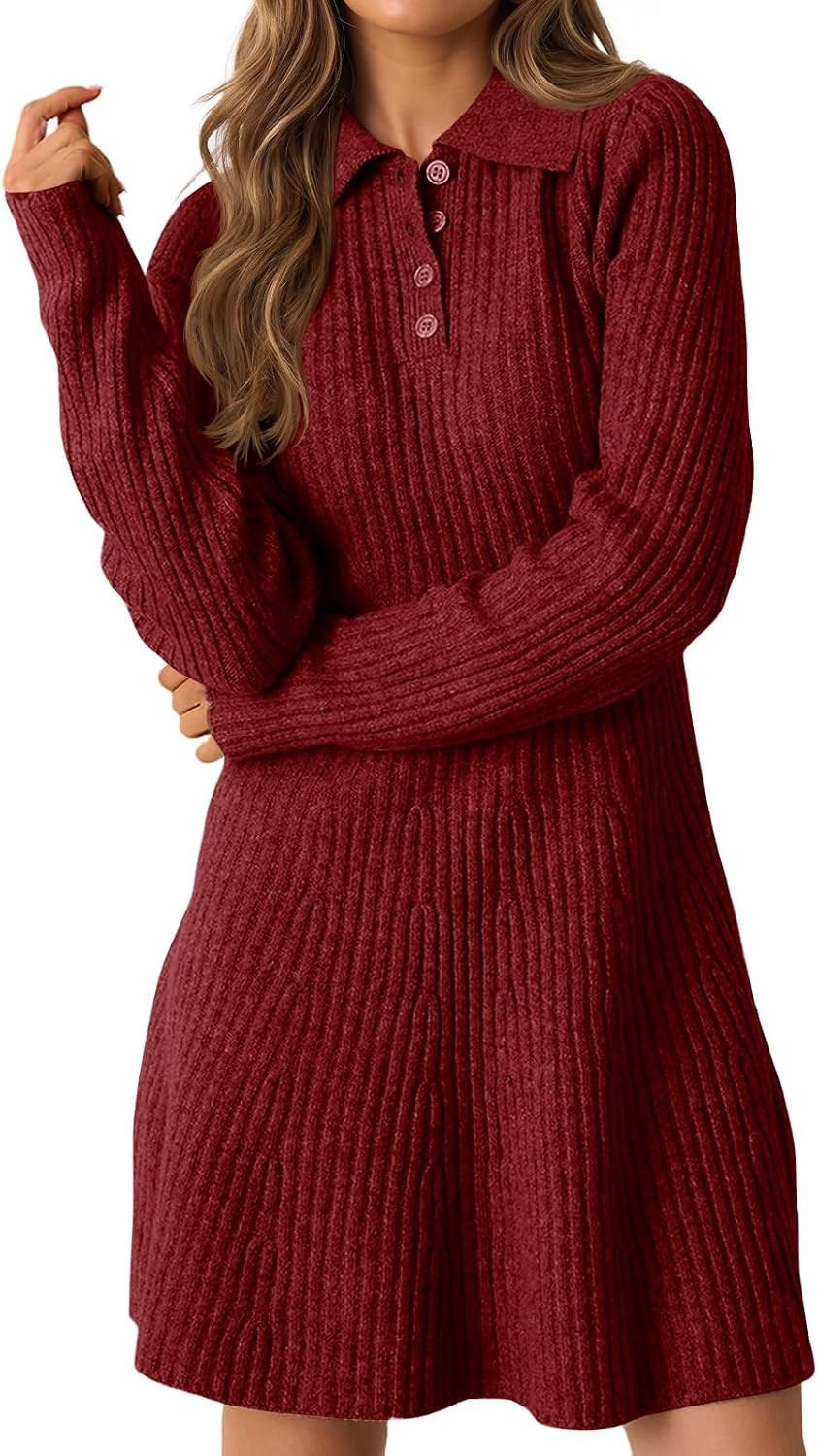 Saodimallsu Womens Ribbed Knit Sweater Dress Polo Button Up Mini Dresses | Amazon (US)