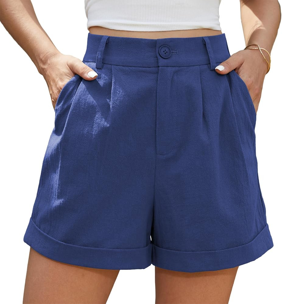 Jouica Womens Summer High Waist Linen Shorts Roll Up Pleated Zippered Wrap Hem Wide Leg Shorts wi... | Amazon (US)
