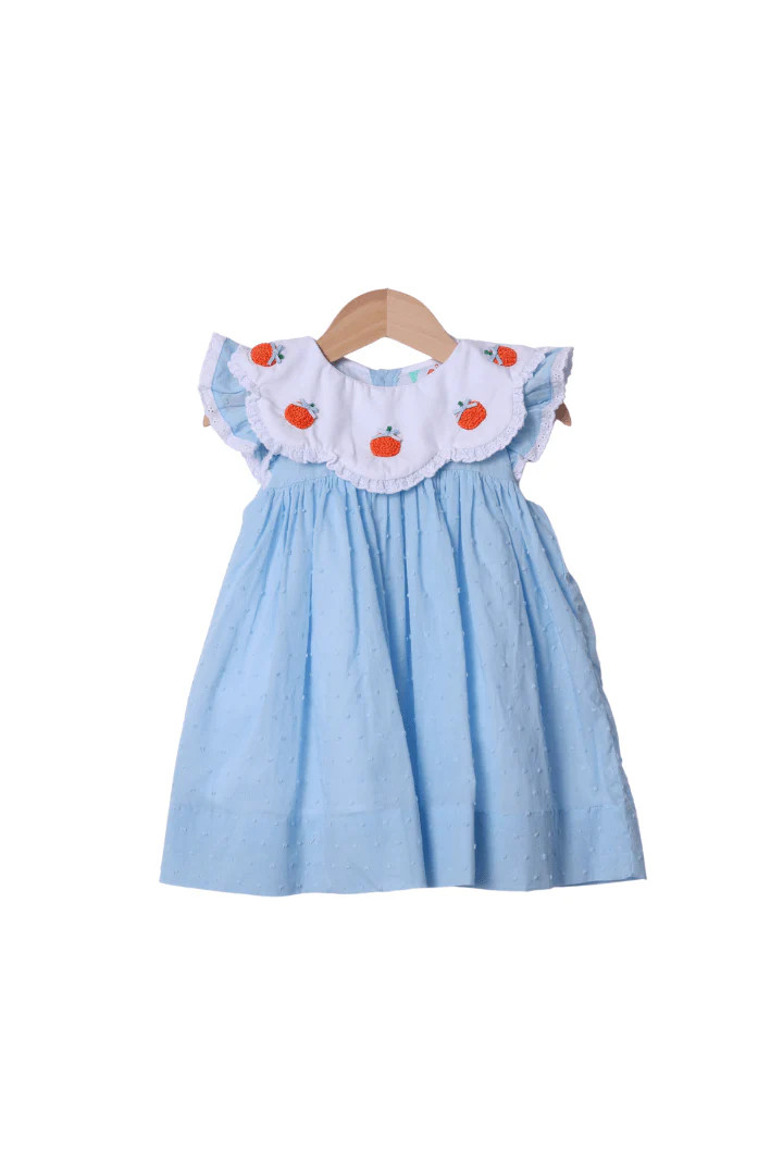 French Knot Blue Scalloped Swiss Dot Pumpkin Dress | The Smocked Flamingo