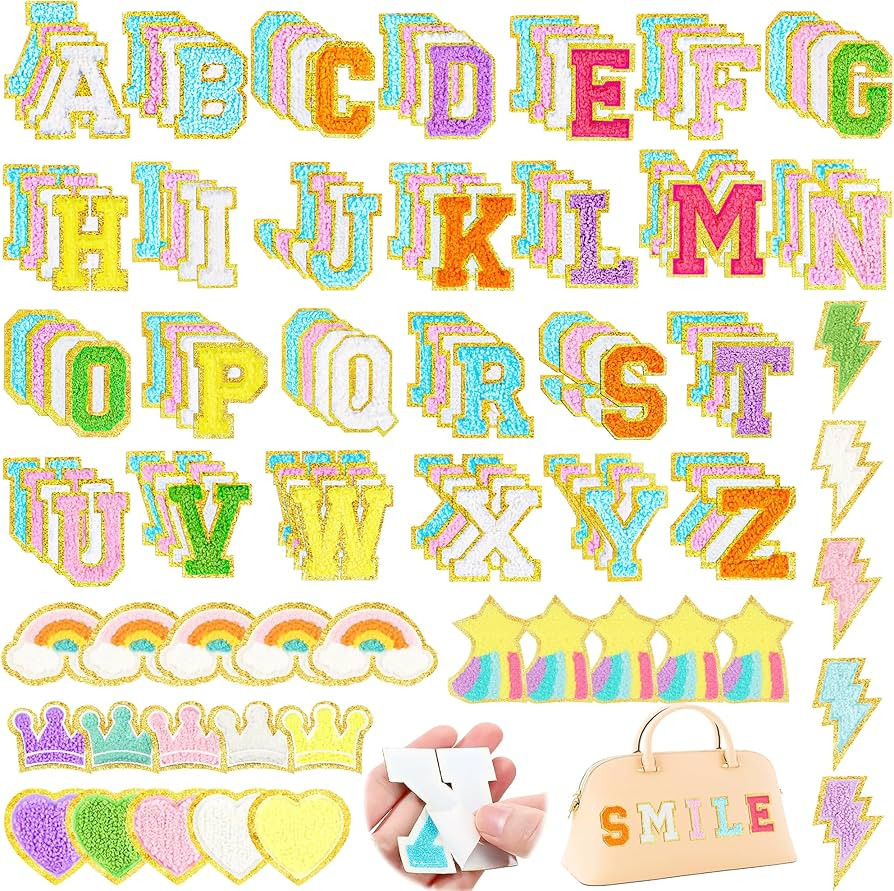 129 Pcs Chenille Iron on Patches Letters Glitter Rainbow Stars Cute Colorful Sew Chenille Patches... | Amazon (US)
