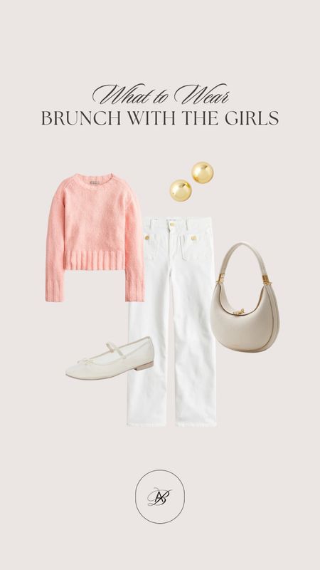Elevated spring brunch outfit inspo! Ballet flats are very popular this season! This mesh pair is the perfect addition to your spring wardrobe! 🌸 

spring outfit, spring outfits, white denim, white jeans, spring sweater, ballet flats, gold earrings, brunch outfit, lunch outfit, pink sweater, mesh ballet flats, spring jeans

#LTKSeasonal #LTKshoecrush #LTKworkwear