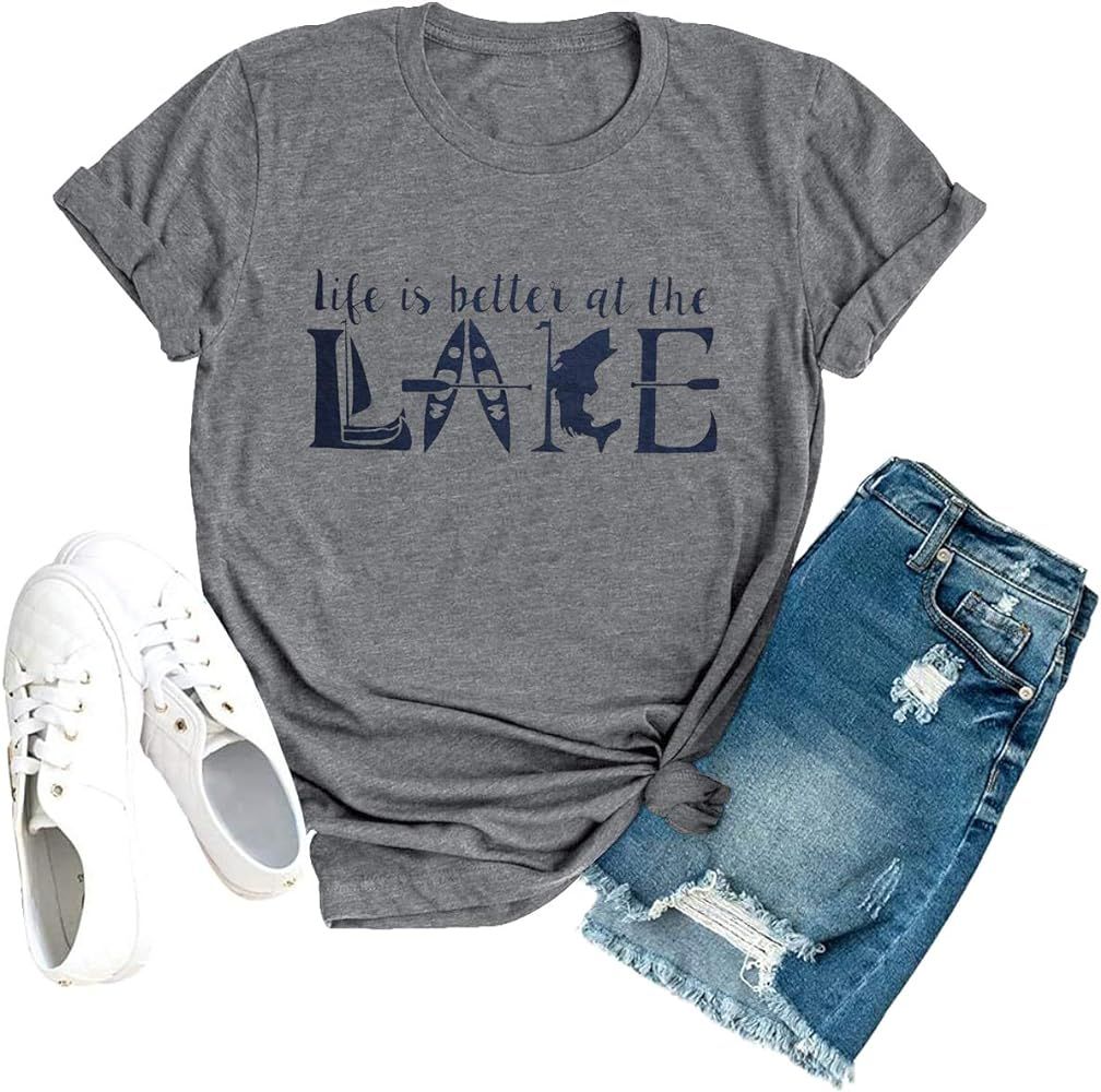 GEMLON Lake Shirt Women Life is Better at The Lake T Shirt Letter Printed Tees Casual Short Sleev... | Amazon (US)