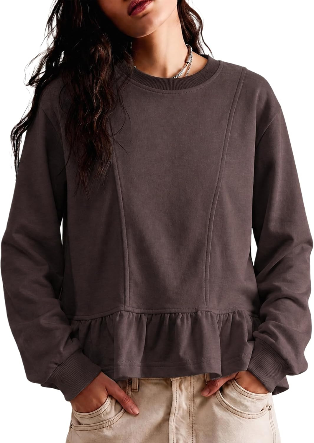Watashi Women Ruffle Peplum Hem Cotton Pullover Sweatshirts | Amazon (US)