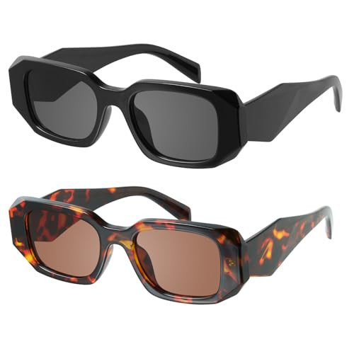 mosanana Trendy Rectangle Sunglasses for Women Men Black Tortoise Shell Retro Fashion Cool 90s Cute Funky Stylish Chunky 2 Pack Goulding | Amazon (US)