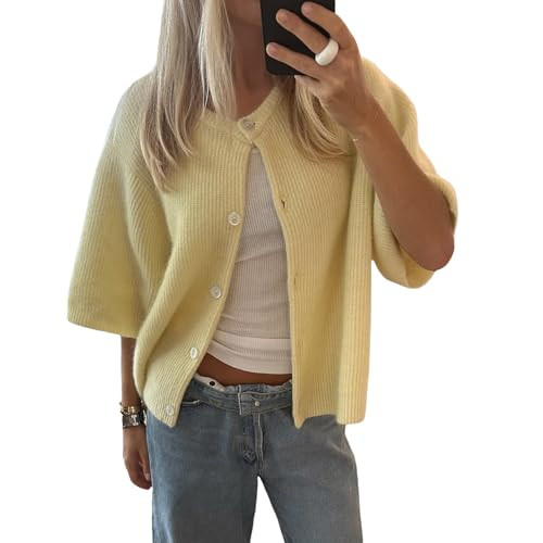 Women Knitted Button Down Short Sleeve Tops Solid Color Round Neck Cardigan Blouse Going Out Swea... | Amazon (US)