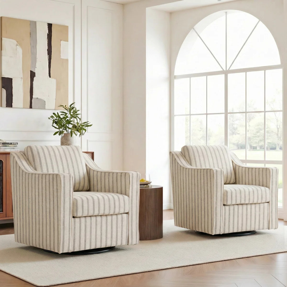 Bronnen Big And Wide Upholstered Pinstripe Gray Cushion Swivel Armchair with Removable Back and S... | Wayfair North America