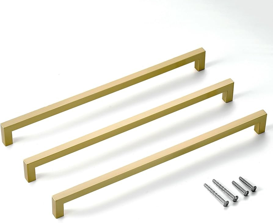 Gold Handles for Kitchen Cabinets 10 Pack, 12 3/5 Inch Hole Center Stainless Steel Square Cabinet... | Amazon (US)