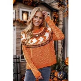 Cute Ghost Long Sleeves Knit Sweater in Orange | Chicwish