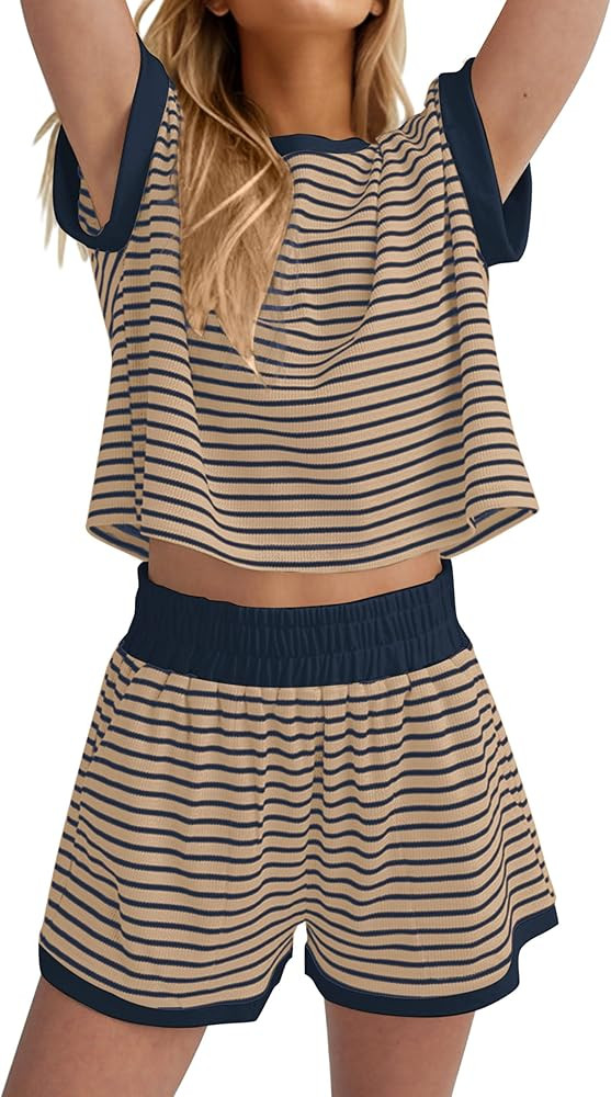 MISSACTIVER 2 Piece Lounge Set Women Stripe Knit Short Sleeve Tee Shirts Shorts Casual Summer Lou... | Amazon (US)