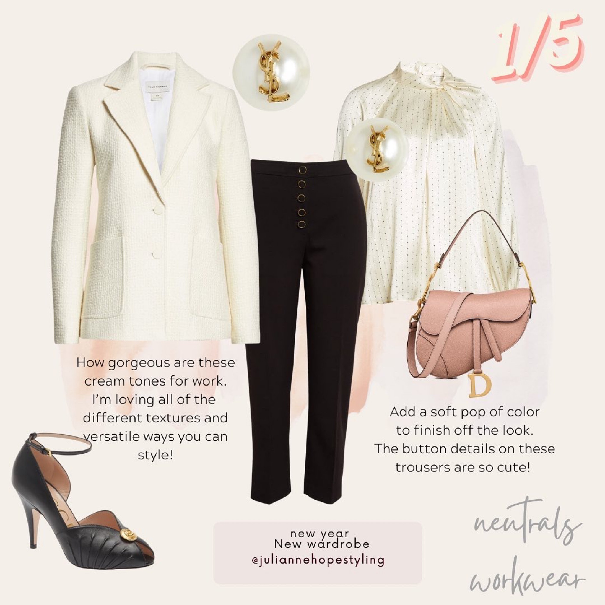 Neutral, workwear, blazers, tweed, Gucci pumps, Dior saddle bag, pearl studs, business professional 