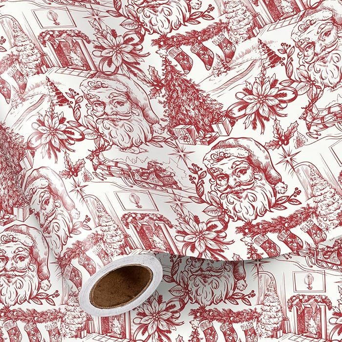RUSPEPA Toile Christmas Wrapping Paper Roll, Mini Roll, Red and White Vintage Santa, Fireplace an... | Amazon (US)