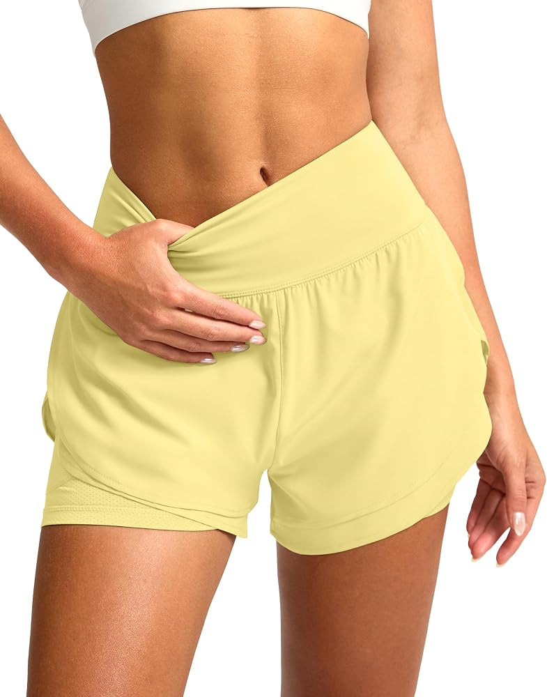 SANTINY Women's 2 in 1 Running Shorts with Pockets 3" High Waisted Exercise Workout Athletic Shor... | Amazon (US)