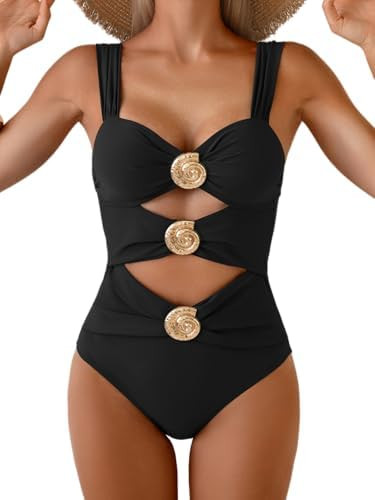 Women's One Piece Swimsuit Sexy Cutout with Metallic Accents Tummy Control Bathing Suit with Adju... | Amazon (US)