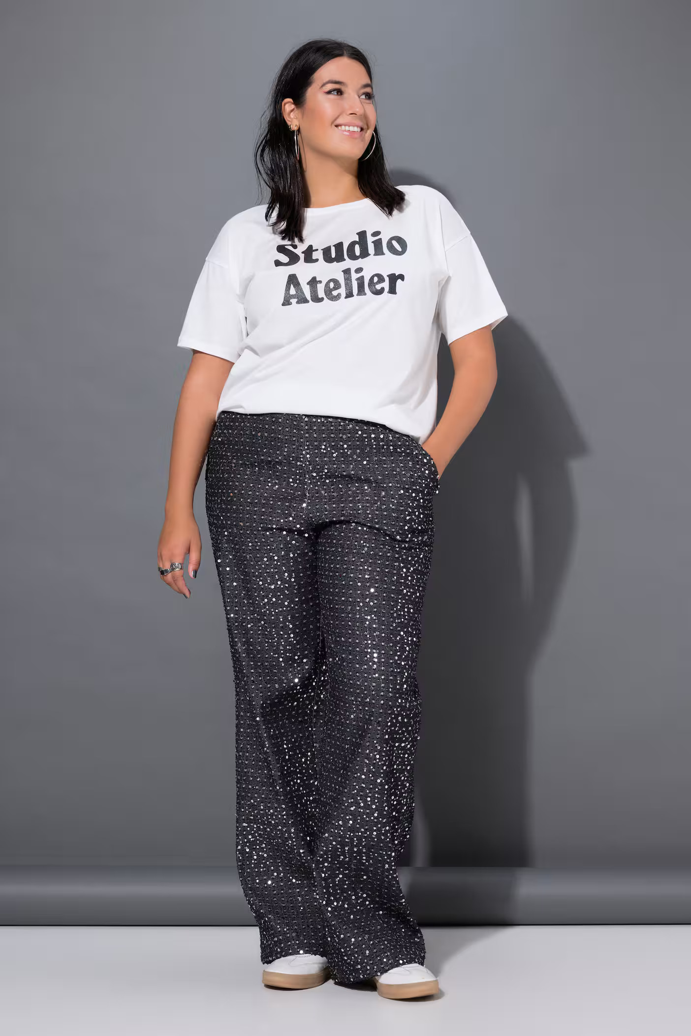 Hose in Jeans-Optik, Wide Legs, Pailletten, Glitzer | Ulla Popken DE