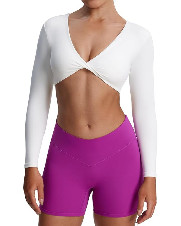 Aoxjox Long Sleeve Crop Tops for Women Sienna Twist Deep V Workout Cropped T Shirt Top | Amazon (US)