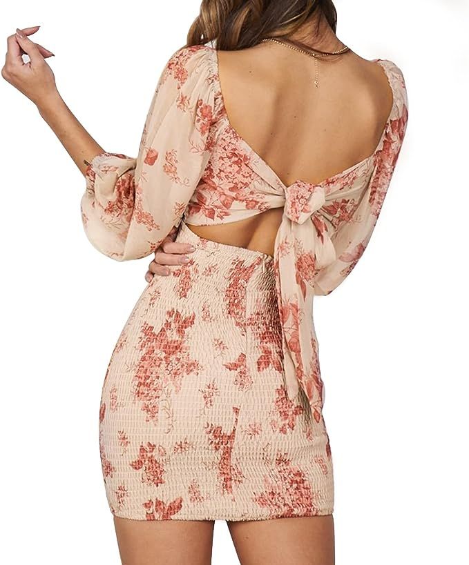 EXLURA Womens Summer Tie Back Floral Print 3/4 Lantern Sleeve Cocktail Dress Backless Square Neck... | Amazon (US)