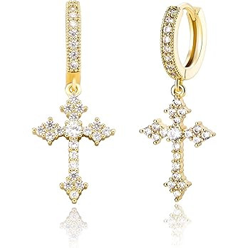 JINAO Cross Hoop Dangle Earrings 14K Gold Plated 5A+ Cubic Zirconia Cartilage Hypoallergenic Ster... | Amazon (US)