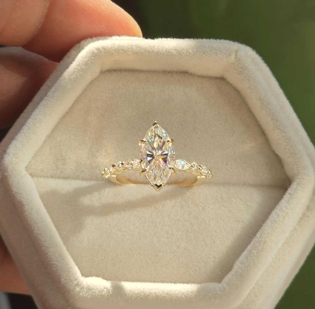 Marquise & Round Cut Promise Wedding Band, 2ct Marquise Cut Moissanite Engagement Ring, Hidden Ha... | Etsy (US)