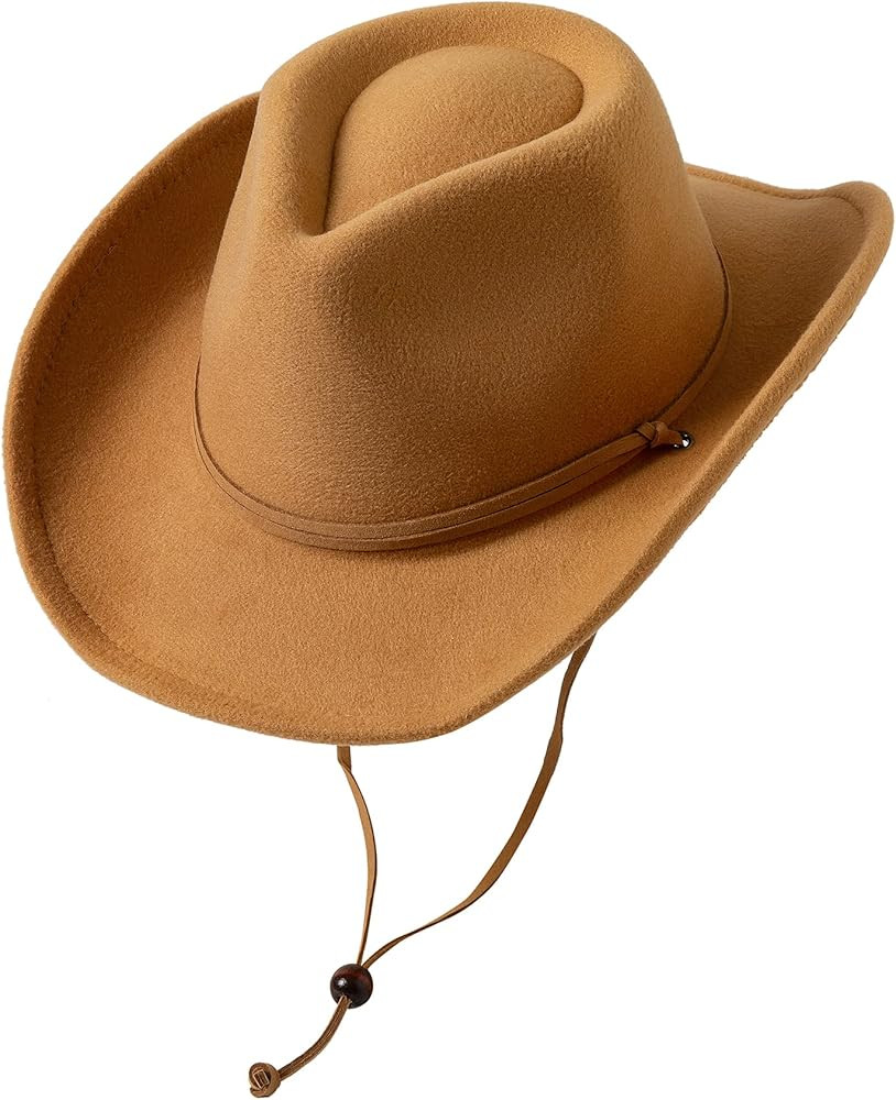 Jastore Kids Girls Boys Wide Brim Western Cowboy Cowgirl Hat with Wind Lanyard Felt Fedora Hat | Amazon (US)