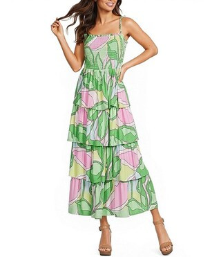Tiered Ruffle Floral Challis Printed Square Neck Sleeveless Tie Shoulder Maxi Dress | Dillard's