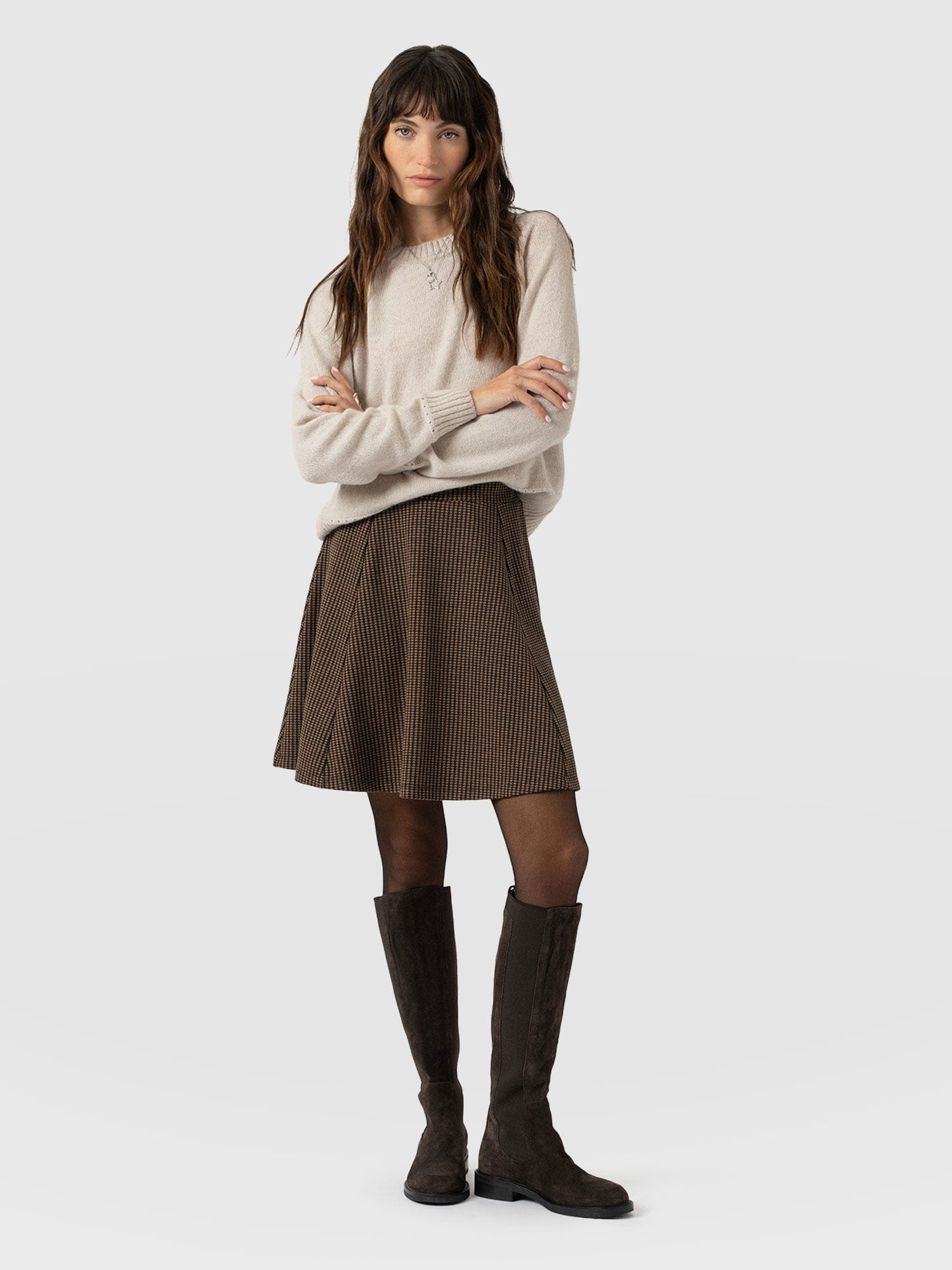 Macie Mini Skirt - Brown Mini Houndstooth | Saint + Sofia